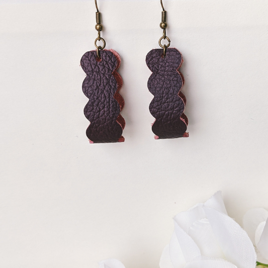 Leather Scallop Earrings, Burgundy Leather, Genuine Leather