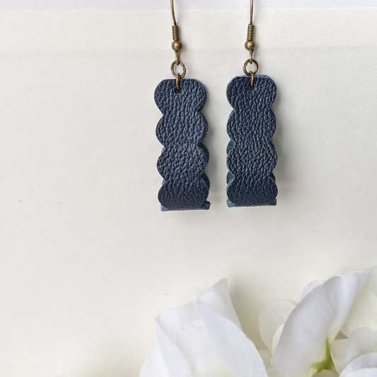 Leather Scallop Earrings, Blue Leather, Genuine Leather