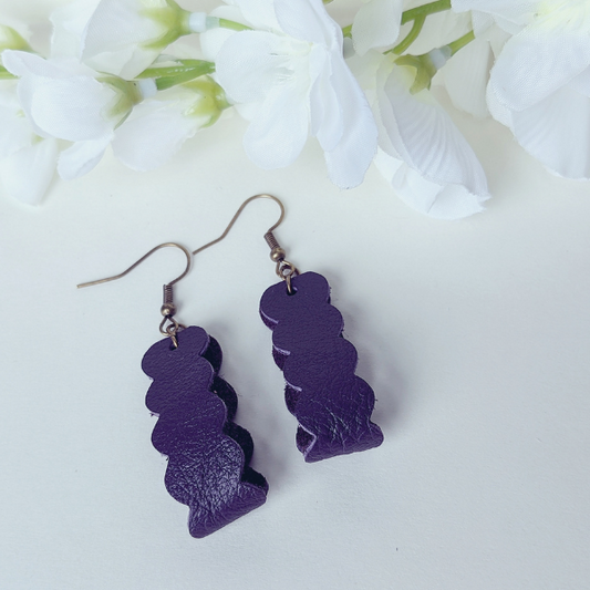 Leather Scallop Earrings, Purple Leather, Genuine Leather